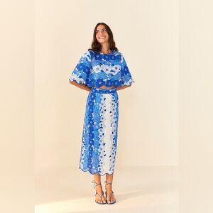 Farm Rio Blue Flower Stripes Crop Top & Midi Skirt Set